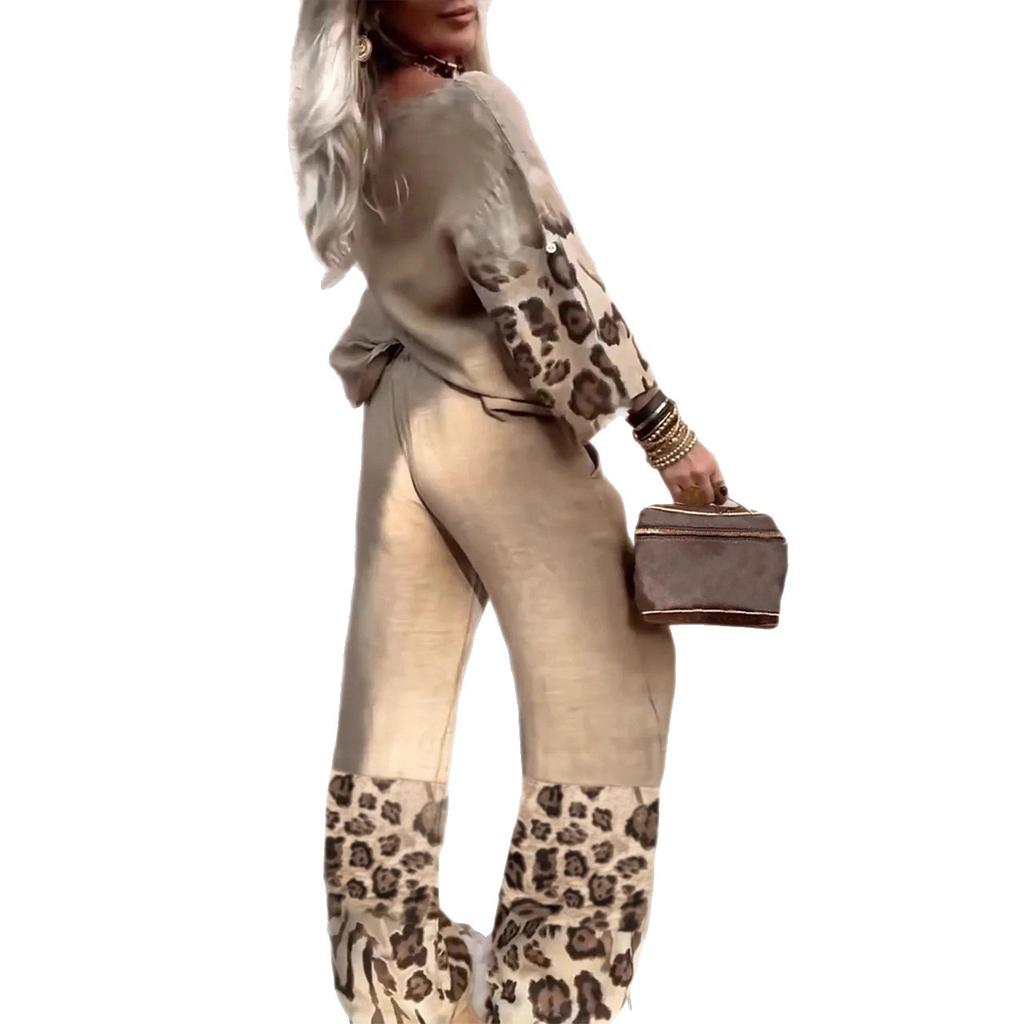 Женский хаки комплект для отдыха с леопардовой отделкой