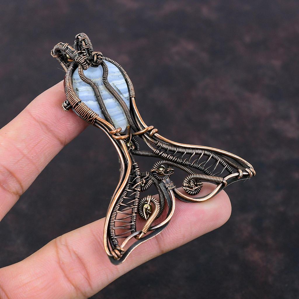 Blue Lace Agate Pendant Copper Wire Wrapped Pendant Handmade Fish Pendant Copper Jewelry Gemstone Pendant Birthstone Pendant Gift For Mother