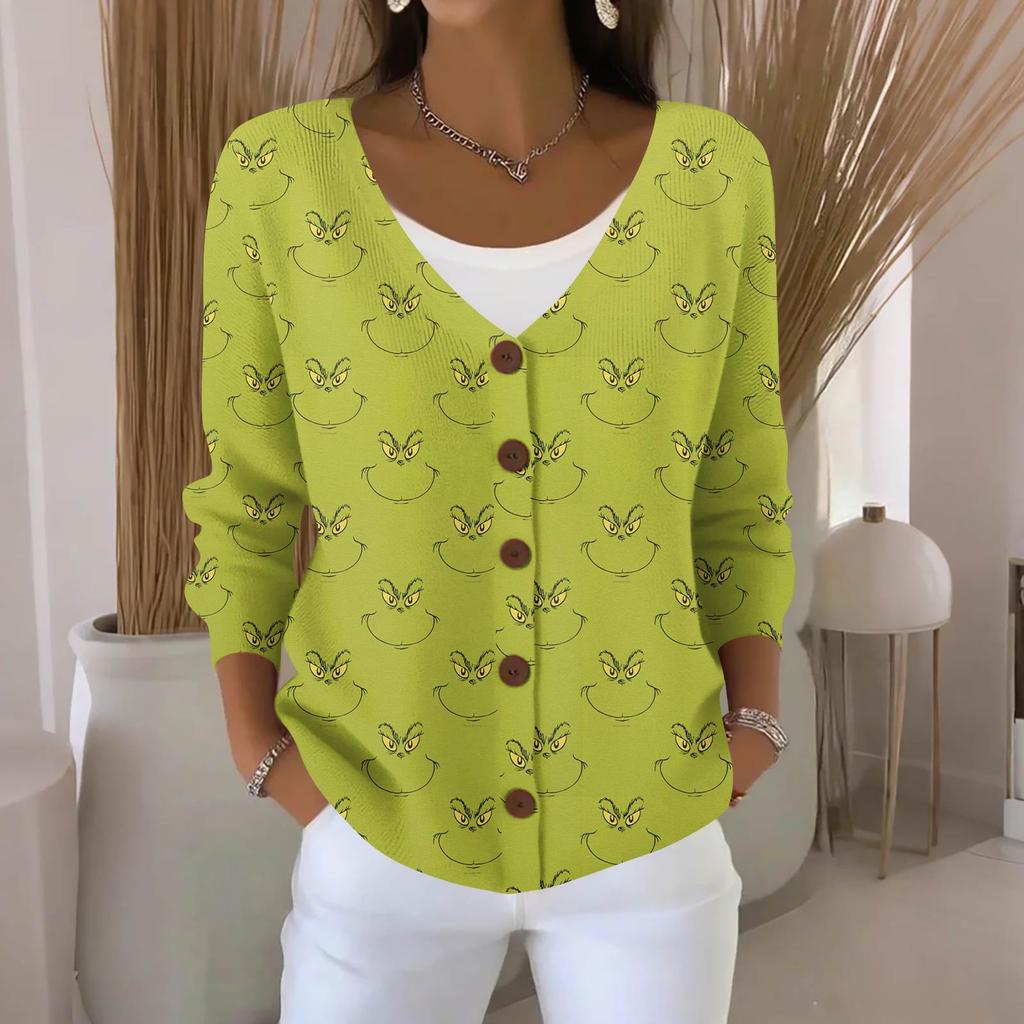 Women's Fashion Casual Knit Sweater Button-Up Christmas Print Cardigan Jacket