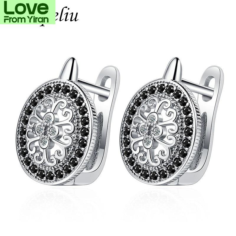 Fanqieliu Hollow Out Black Crystal Hoops Real 925 Sterling Silver Hoop Earrings For Women Fql21237