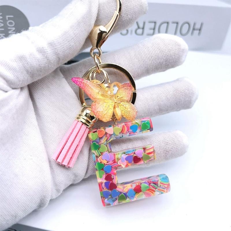 Сладкие Разноцветные Пайетки Сердечки Брелок с Буквой Инициалом Кисточки Подвеска Бабочка Брелок для Женщин Девушек Сумка Кошелек