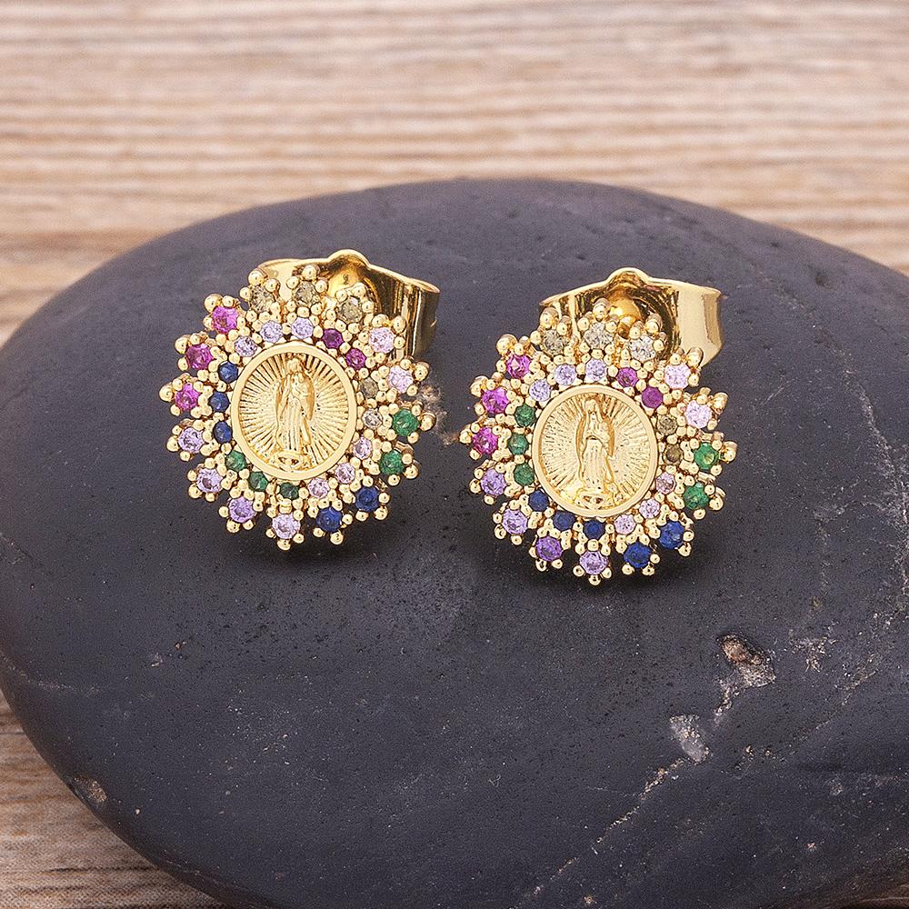 Nidin Fashion Copper Zircon Jesus & Virgin Mary Earrings Round Shape Stud Earrings for Women Lady Fine Religious Jewelry Gift
