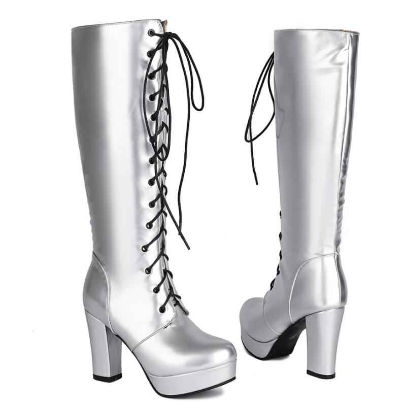 Red High Knee Boots Women Platform Sexy Luxury Gold Silver Blue Heels Women's Winter High Boot Party Shoes Ladies Large Size 46