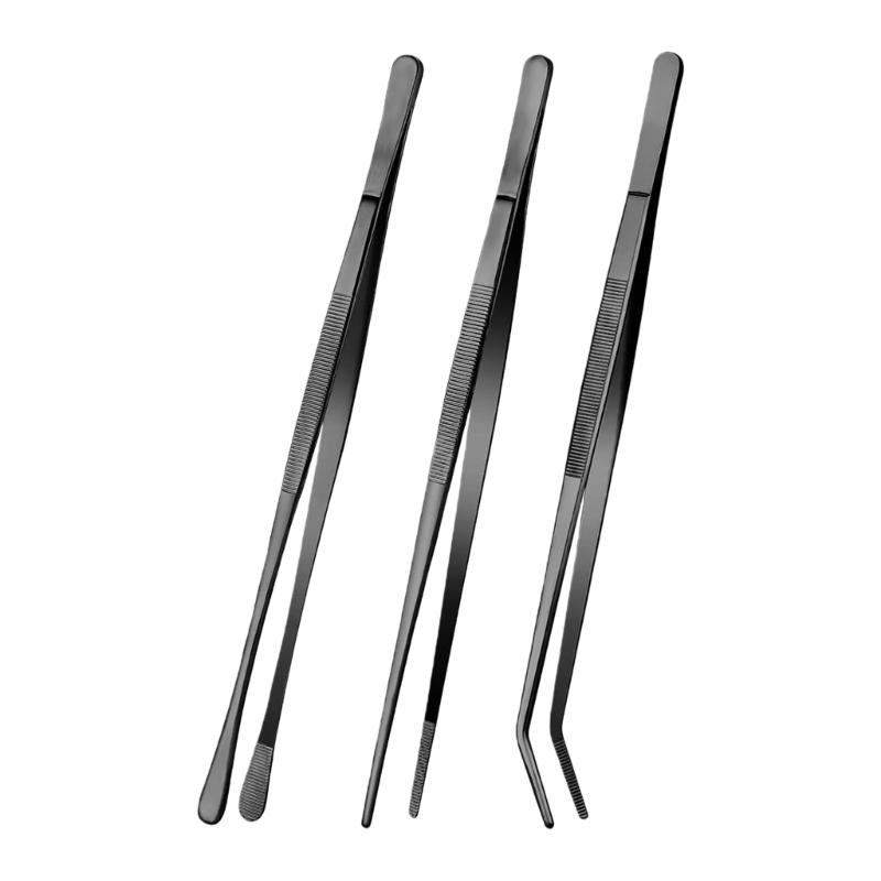 652F Pack of 3 Practical Stainless Steel Grilling Tongs Dishwasher Safe Convenient Long Tweezer for Kitchen Use