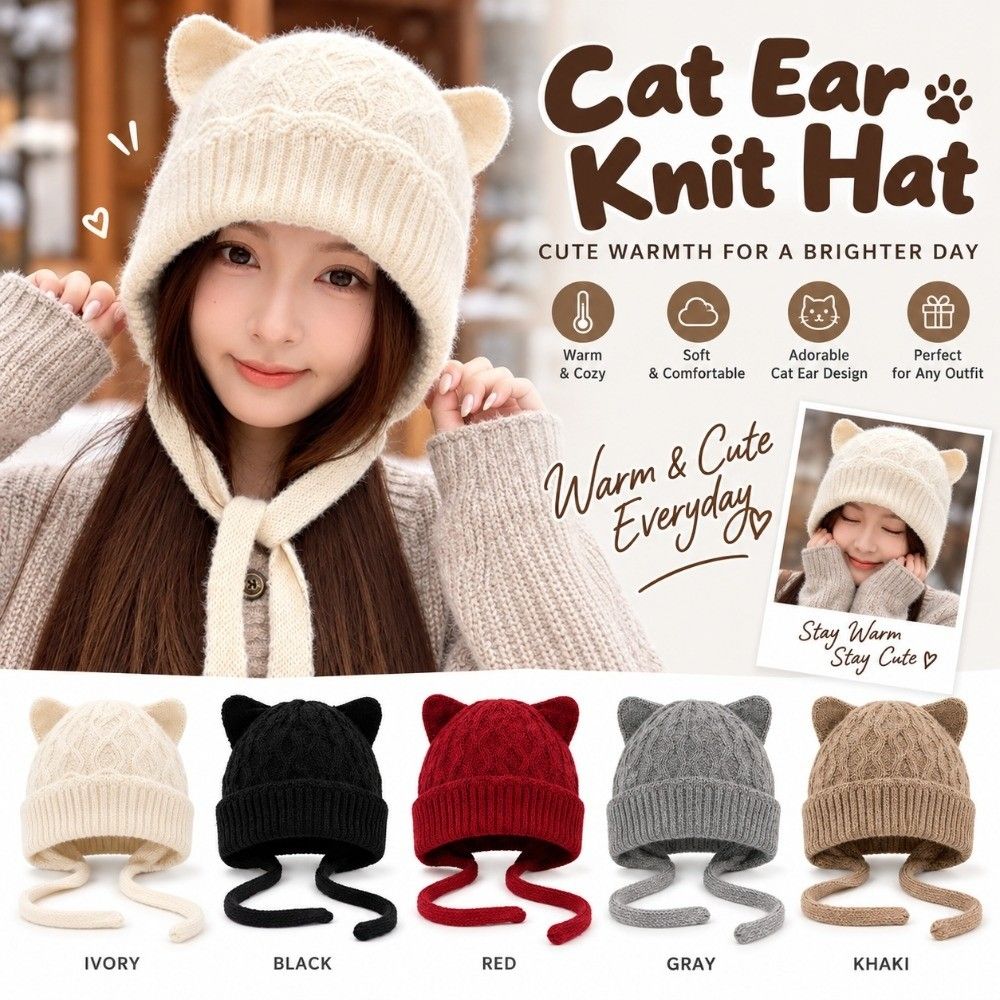 3D Cat Ear Soft Beanie Windproof Head Cover Korean Style Cat Ear Knit Hat  Cold Weather Daily Wear