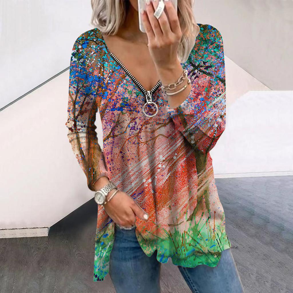 Женские футболки с длинным рукавом и принтом «Осенний красочный лес», свободные футболки больших размеров с V-образным вырезом, удобные блузки