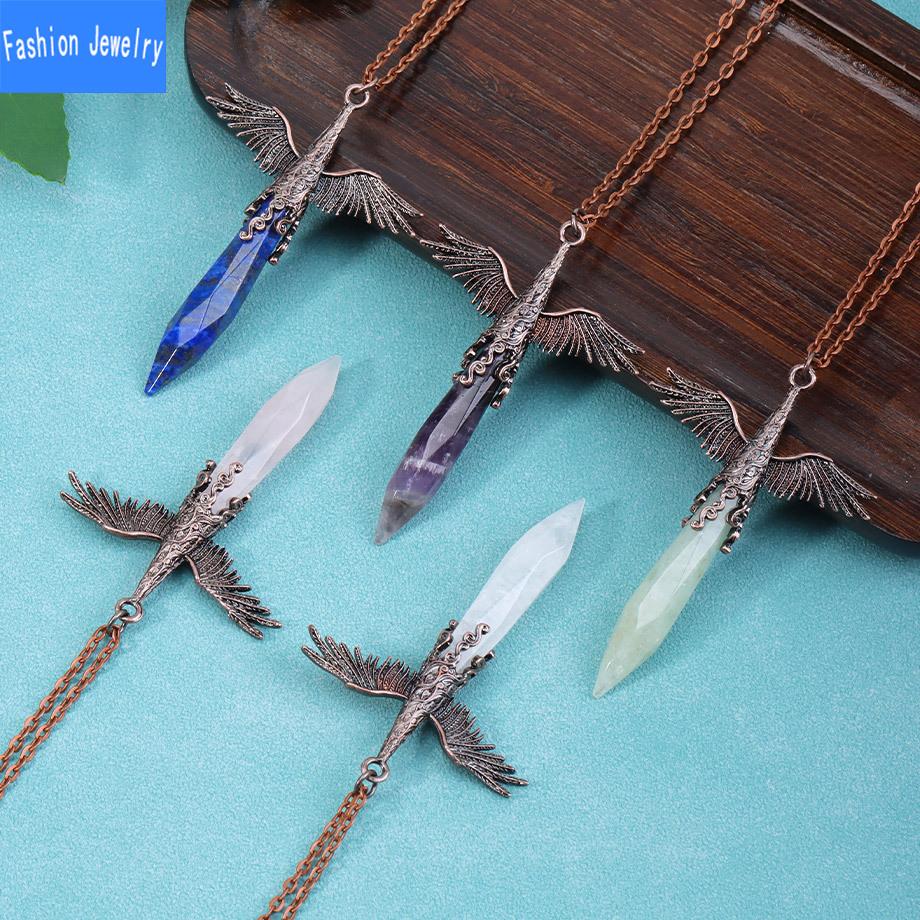 Natural crystal stone faceted hexagonal column retro winged pendant necklace European and American accessories