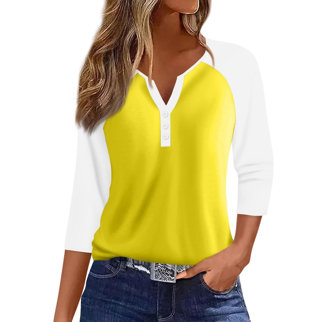 Женская мода повседневная футболка с рукавами реглан, колор-блок, V-образным вырезом, рукавами три четверти, декоративными пуговицами