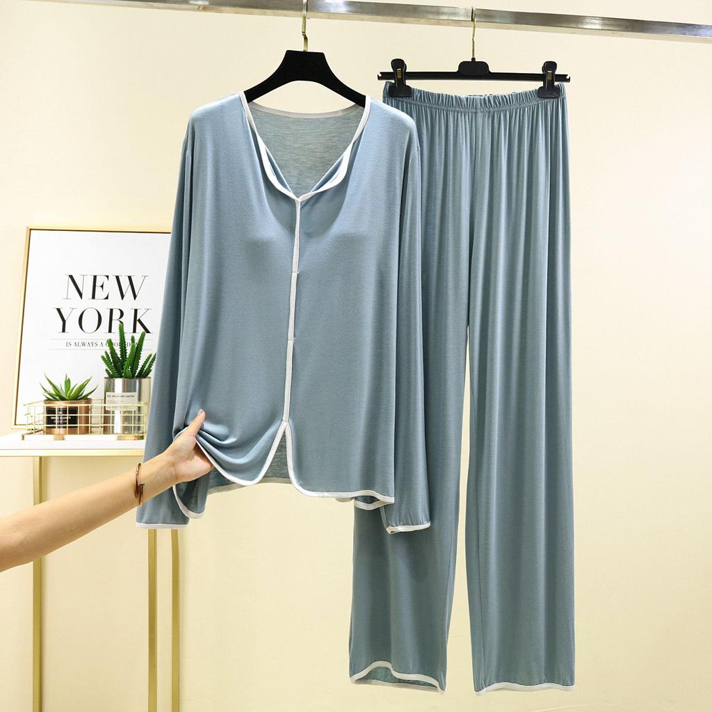 Модальный пижамный комплект с длинным рукавом и нагрудными вкладышами для женщин - Повседневный двухпредметный комплект на осень/зиму с отделкой