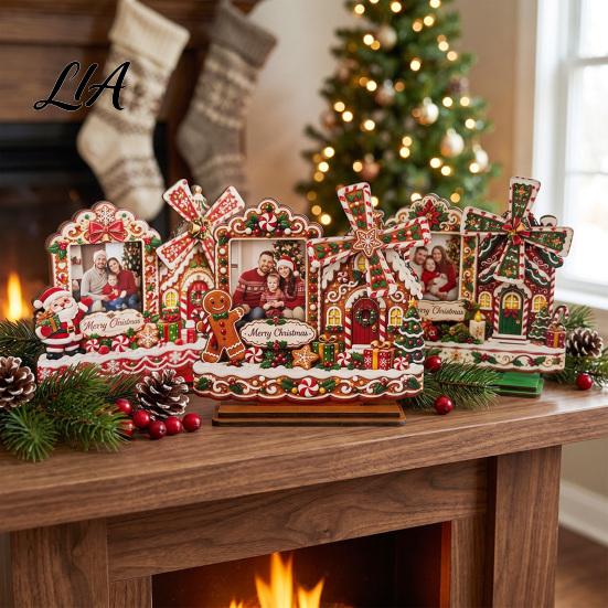 Holiday Party Ornament 2D Gingerbread House Wooden Photo Frame, Spinning Windmill Christmas Picture Decorative Frame Desktop Holder for Home Fireplace