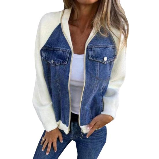 Fall Winter Women Jacket Color Matching Zip-up Pockets Cardigan Long Sleeves Patchwork Raglan Shoulder Turn-down Collar Casual Daily Wear Coat