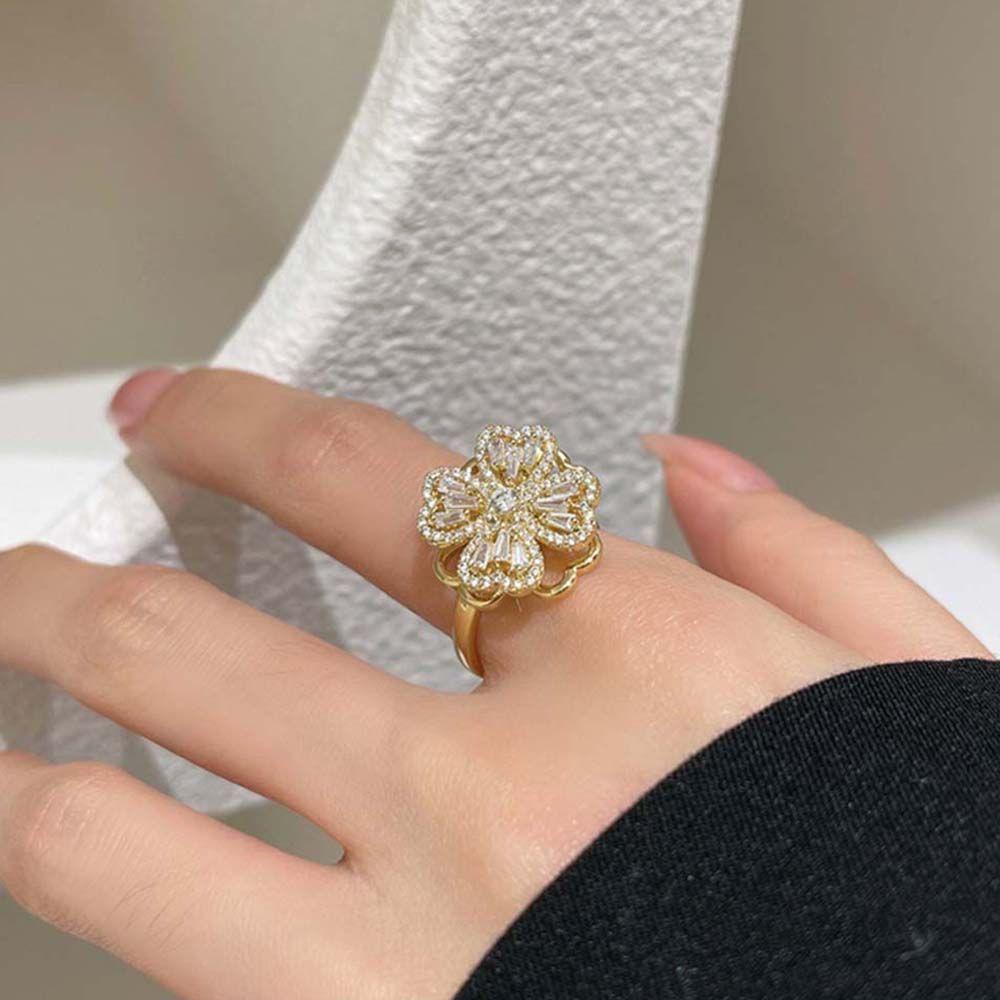 Gold Color Rotatable Women Finger Rings Korean Style Four-leaf Clover Rings Spinning Zircon Rings