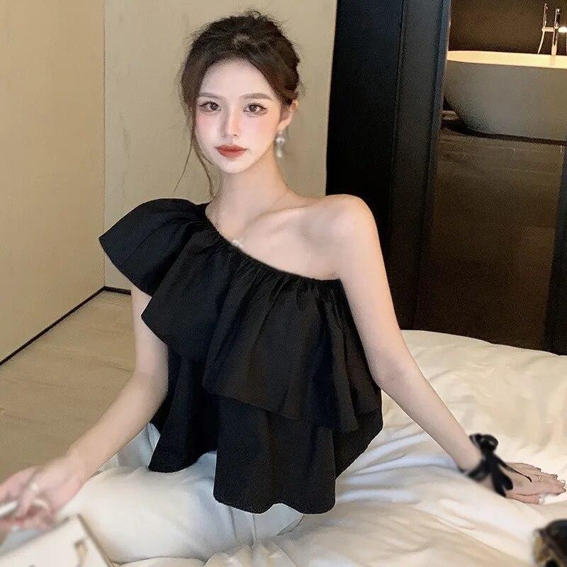 Women's One Shoulder Blouse Ruffled Layered Sleeveless Top Tee Off Shoulder Blouse Pullover T-Shirt Cropped Shirt Solid Color