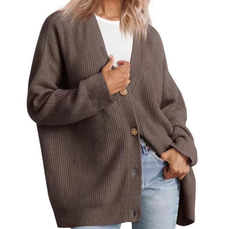 Women’s Casual Solid Knitted Cardigan Sweater V-neck Long Sleeve Button Down Warm Sweater for Lady Soft Comfortable Warm Simple Sweater