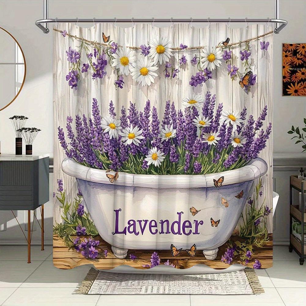 Lavender Garden Shower Curtain - Water-Resistant, Purple Flowers & Butterflies with Rustic Fence, 70x70 Inches | Polyester