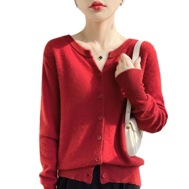 Женский кашемировый кардиган с V-образным вырезом 2024 года: Универсальный свитер с длинным рукавом на весну и осень