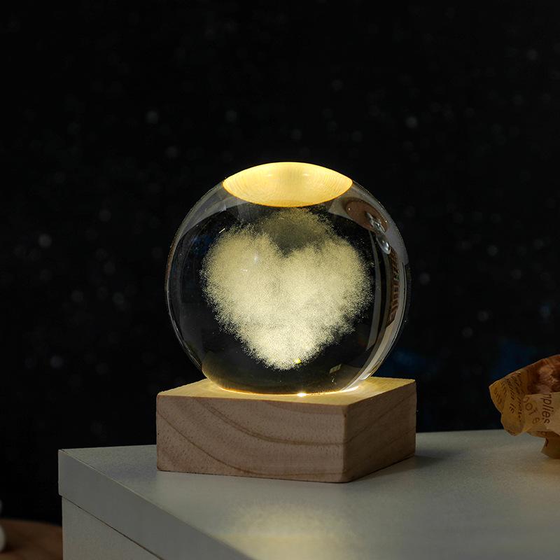 3D Solar System Crystal Ball Night Light with Wooden Base - Luminous Desktop Home Decor & Birthday Gift