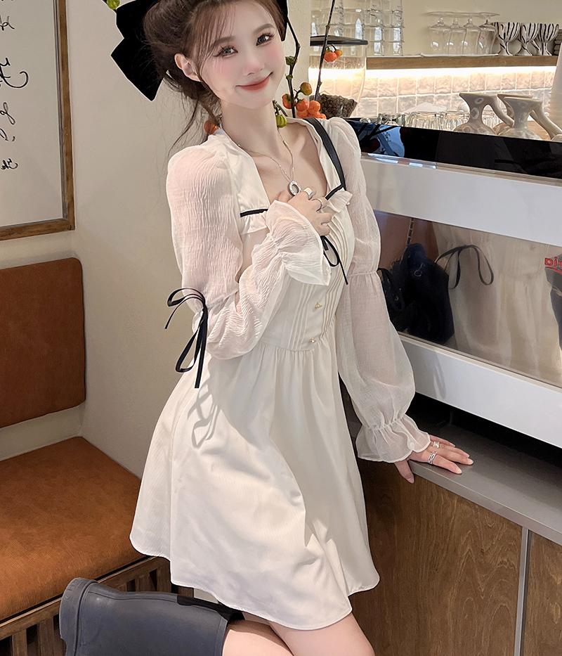 Весеннее милое платье с длинным рукавом, женские корейские белые осенние вечерние платья с квадратным воротником