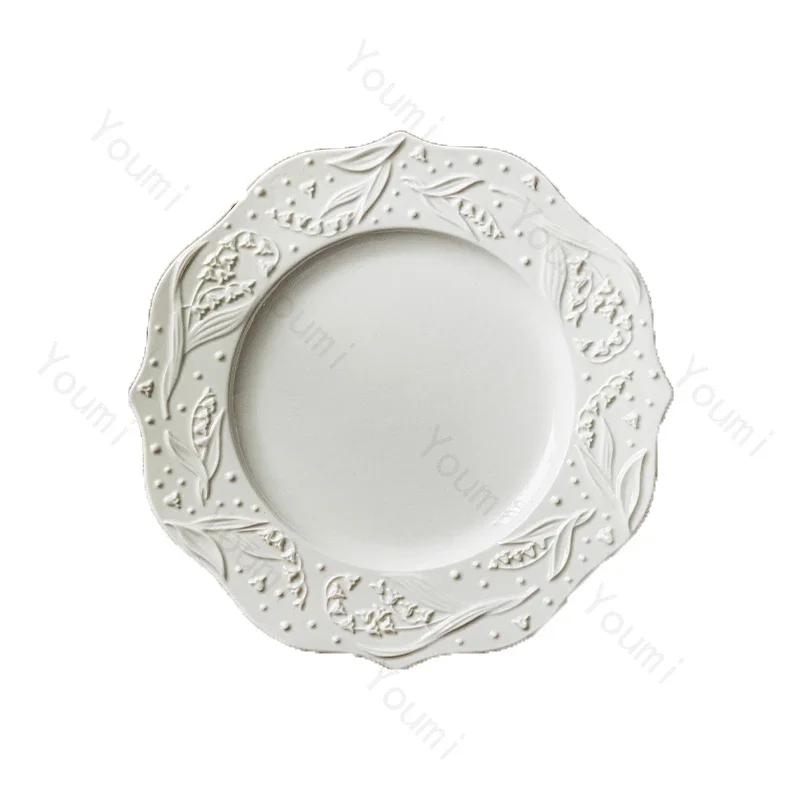 Легкая роскошная рельефная керамическая тарелка, высококачественные французские тарелки для пасты, бытовая тарелка для десерта к чаю, изысканная столовая посуда