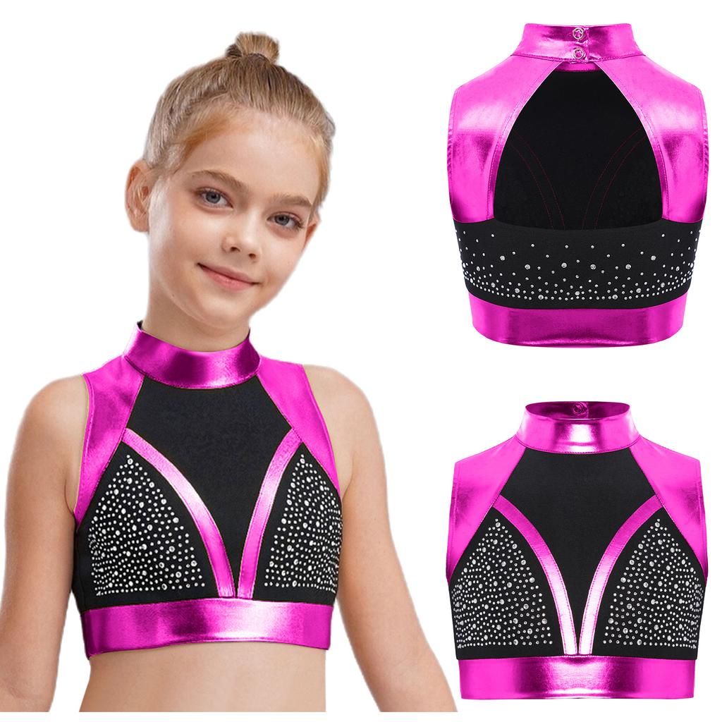 Детская танцевальная одежда Кроп-топ с воротником-стойкой Без рукавов Вырез на спине Блестящие стразы Металлик