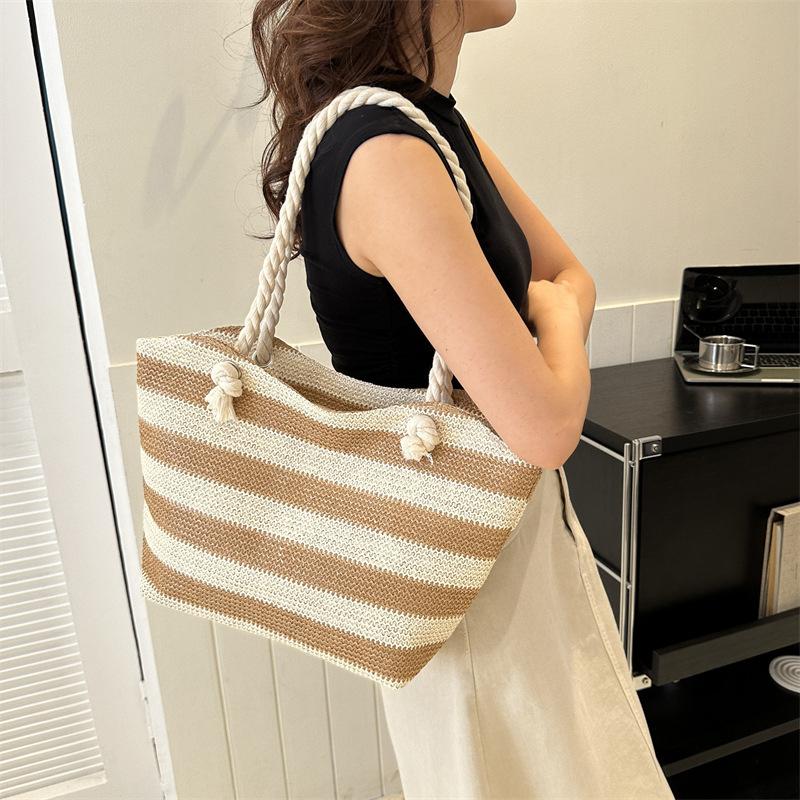 Yogodlns Женская тканая пляжная сумка большой емкости, полосатые сумки на молнии, соломенная сумка в стиле ретро, женская летняя повседневная сумка