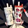 Новая высококачественная кофейная чашка с розой, большая емкость, вакуумная чашка-термос из нержавеющей стали 316, портативная, переносная чашка с соломинкой