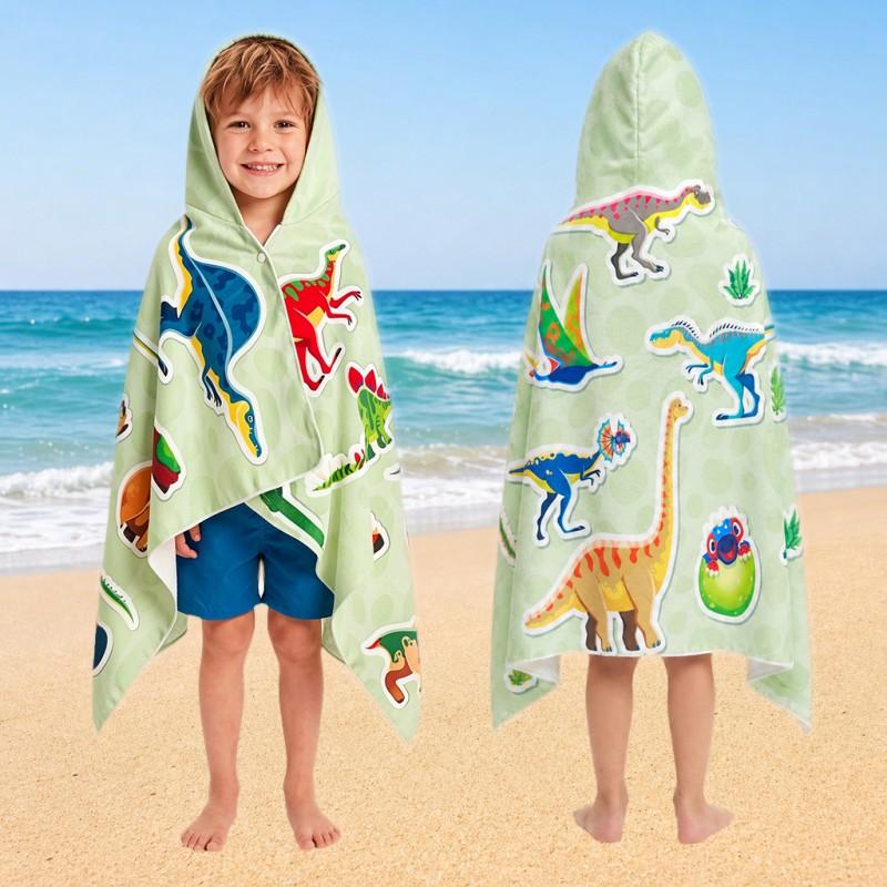 Kids Dinosaur Print Hooded Beach Towel Quick Dry Microfiber Bath Cape Pool Shower Sandproof