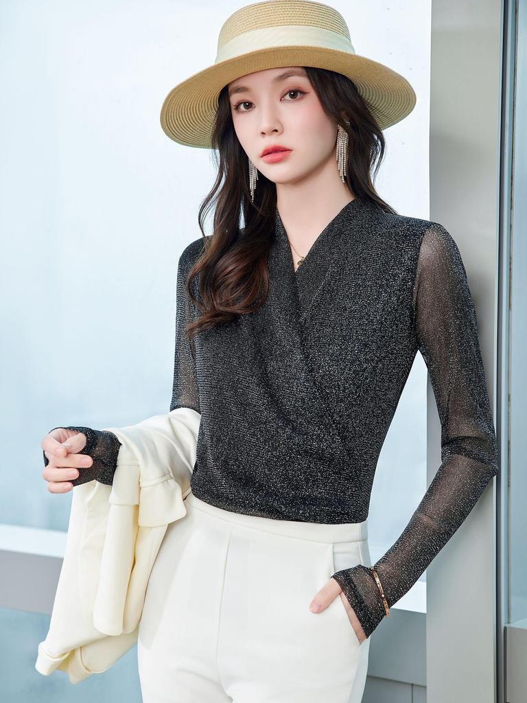 Блузка с V-образным вырезом из люрексовой сетки с длинными рукавами - Женская приталенная модель для весны/осени