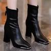 2025Women Ankle Boots Fashion Back Zippers Shoes Vintage Square Heels Autumn Winter Ladies Stretch Modern Booties 35-40