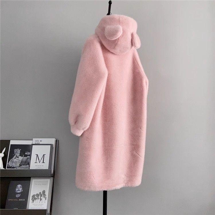 Теплое пальто с капюшоном из искусственного меха женское зимнее милое на флисовой подкладке толстое длинное универсальное