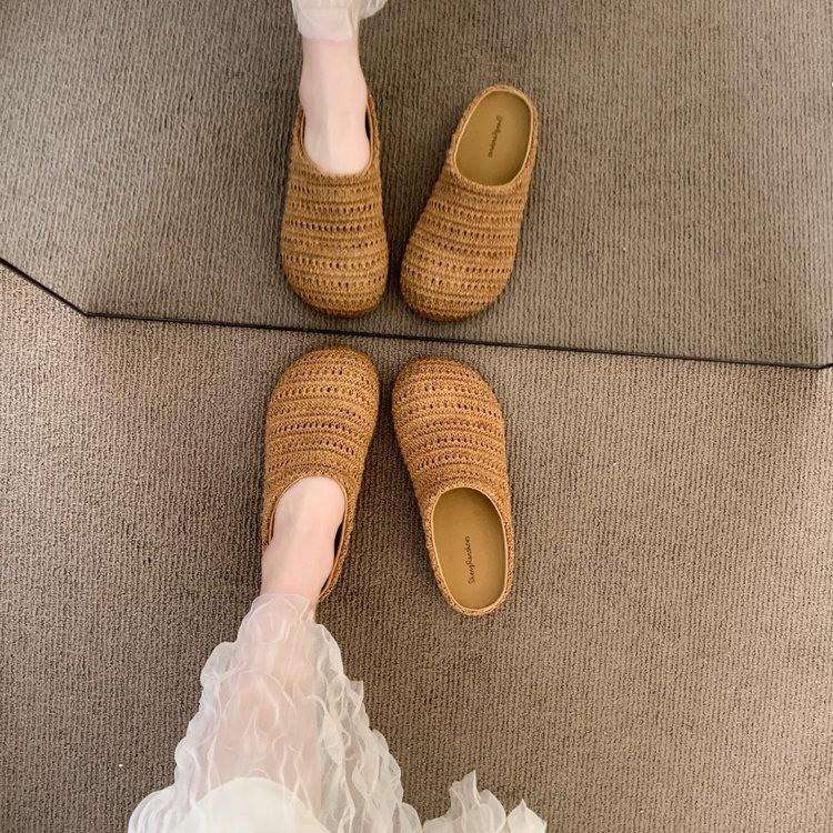 Woven Bag Head Wearing Half Slippers Women's 2025 Summer Beach One Pedal Bag Head Half Drag Muller Flat Slippers