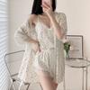 Ladies Pajama Set Summer Silk Kimono Robe Print Leopard Print 3 Piece Sleeping Set Camisole Shorts Lace Pajamas