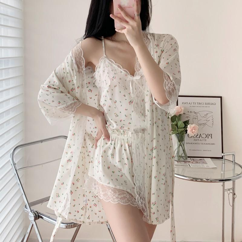 Ladies Pajama Set Summer Silk Kimono Robe Print Leopard Print 3 Piece Sleeping Set Camisole Shorts Lace Pajamas