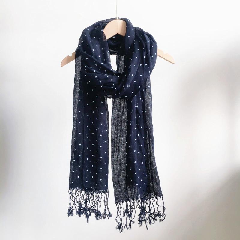 Navy Blue Scarf Japanese Style Pure Linen Printed Women'S Scarf Beach Sunscreen Silk Scarf