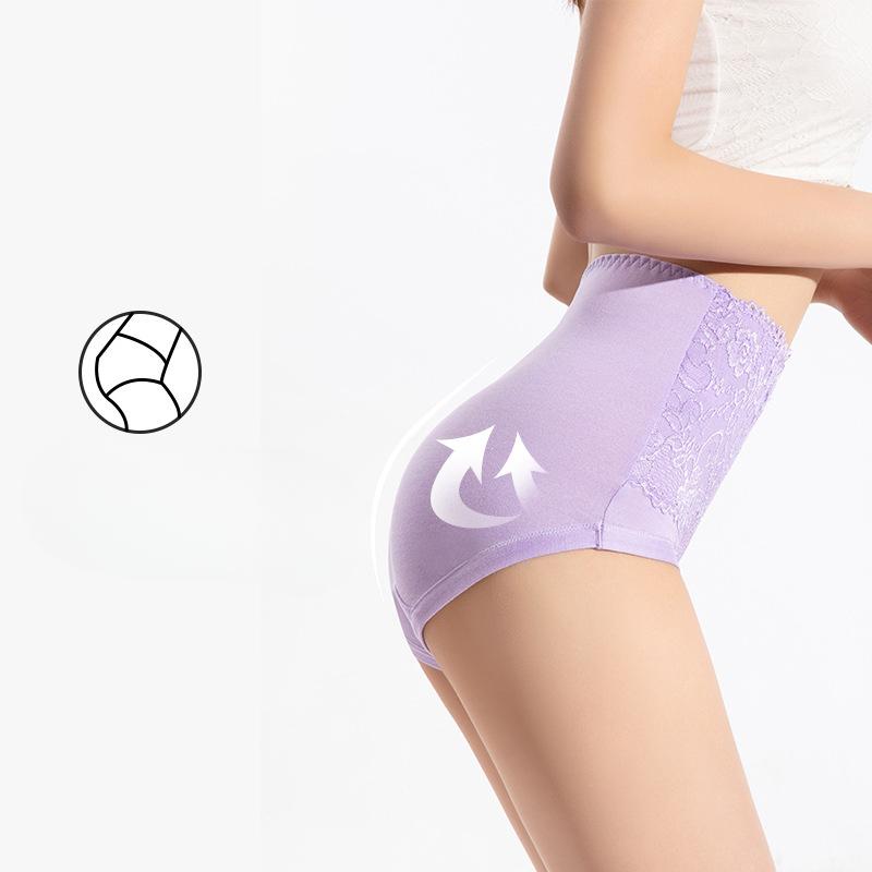 Fattened Plus Size Panties Breathable Lace Edge Solid Color Briefs High Waist