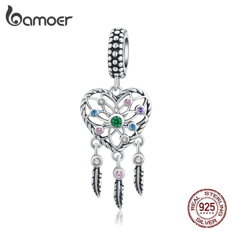 BAMOER Bohemian Style Dream Catcher 925 Sterling Silver Bead for Jewelry Making Feather Tassel Charm