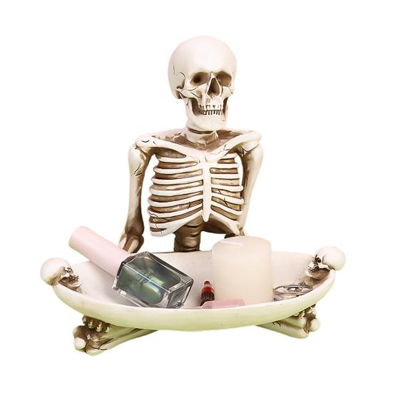 Поднос для хранения в виде черепа Хэллоуин Страшный скелет Конфетница Череп из смолы Поднос для сервировки фруктов и закусок Винтажная шкатулка для украшений для дома, столешницы, вечеринки, барного декора