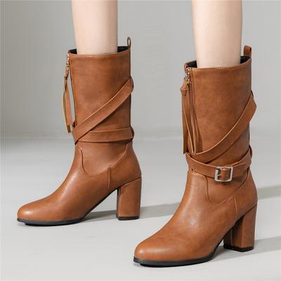 Мода 2025 Высокое качество Женская обувь Пряжка ремня Высокий каблук Сапоги Однотонные Современные Лодочки Женские Горячая Распродажа Круглый носок Молния До середины икры Ботильоны