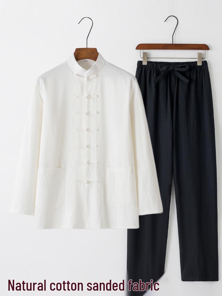 Men's Chinese Style Long-Sleeve Tang Suit Set with Frog Buttons - Retro Tea & Tai Chi Two-Piece