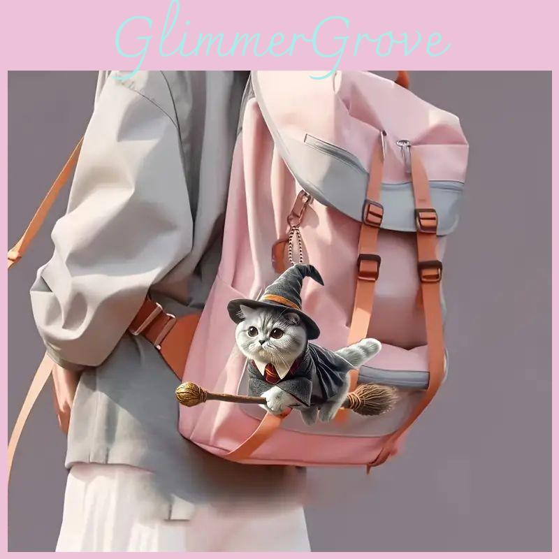 Acrylic Flat Surface Car Pendant With Magical Cat Riding Broom Design For Vehicle Interior Decor