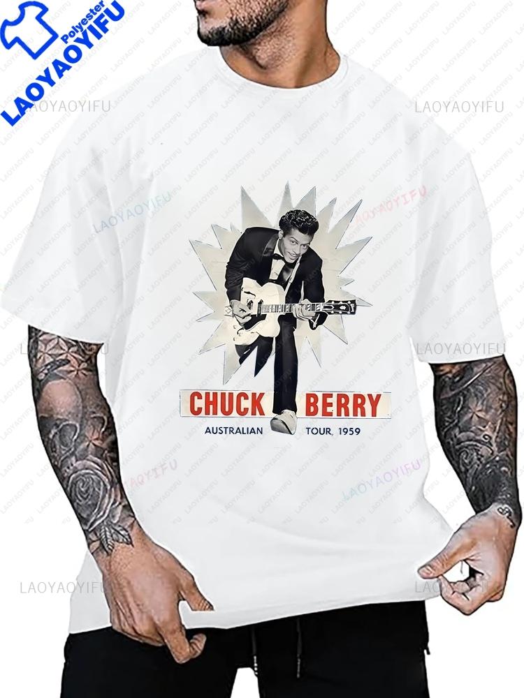 Fashionable Retro Chuck Berry Rock Guitarist Trend Harajuku Shortsleeved Unisex Shirt Pattern Round Neck Tshirt