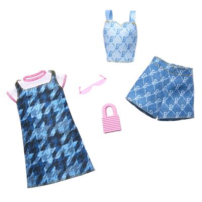Комплект одежды и аксессуаров для куклы Barbie Fashion из 2 джинсовых платьев и комплекта одежды для куклы/дома для кукол от 3 лет и старше, синий HRH45