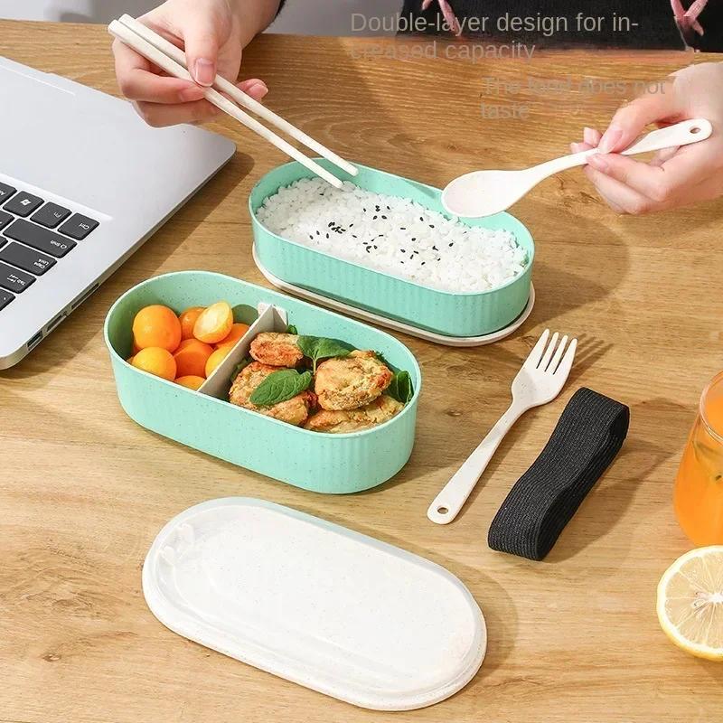 Двухслойный портативный ланч-бокс с вилкой и ложкой, микроволновая печь, бенто-боксы, набор столовых приборов, контейнер для хранения продуктов