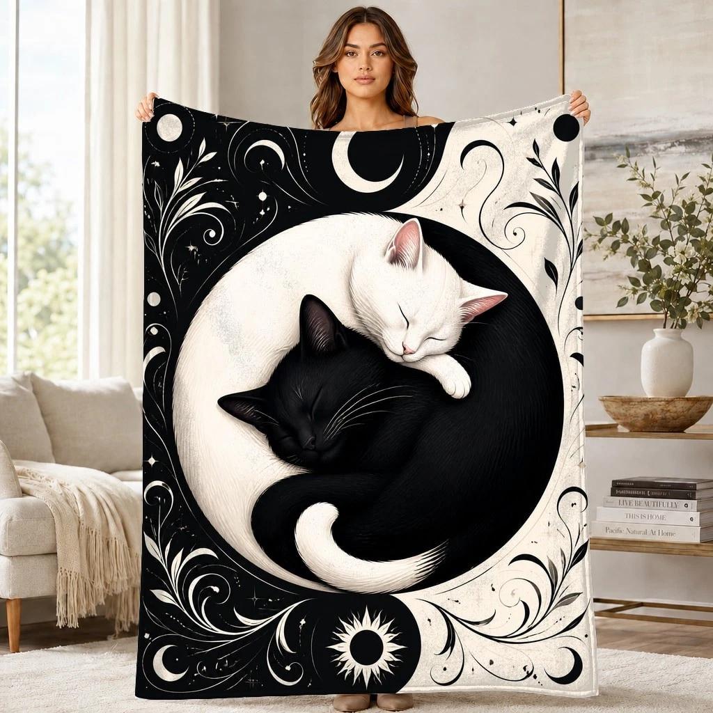 Yin Yang Sleeping Cats Coral Fleece Blanket Peaceful Cat Decor