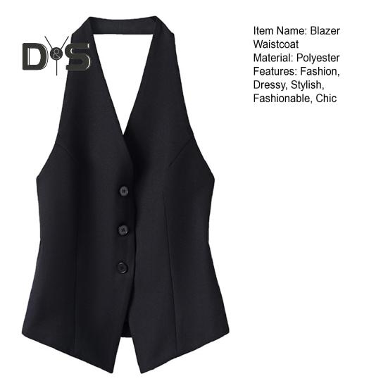 Женский жилет с V-образным вырезом на шее, пиджак на пуговицах с открытой спиной, укороченный жилет без рукавов, винтажный нарядный жилет