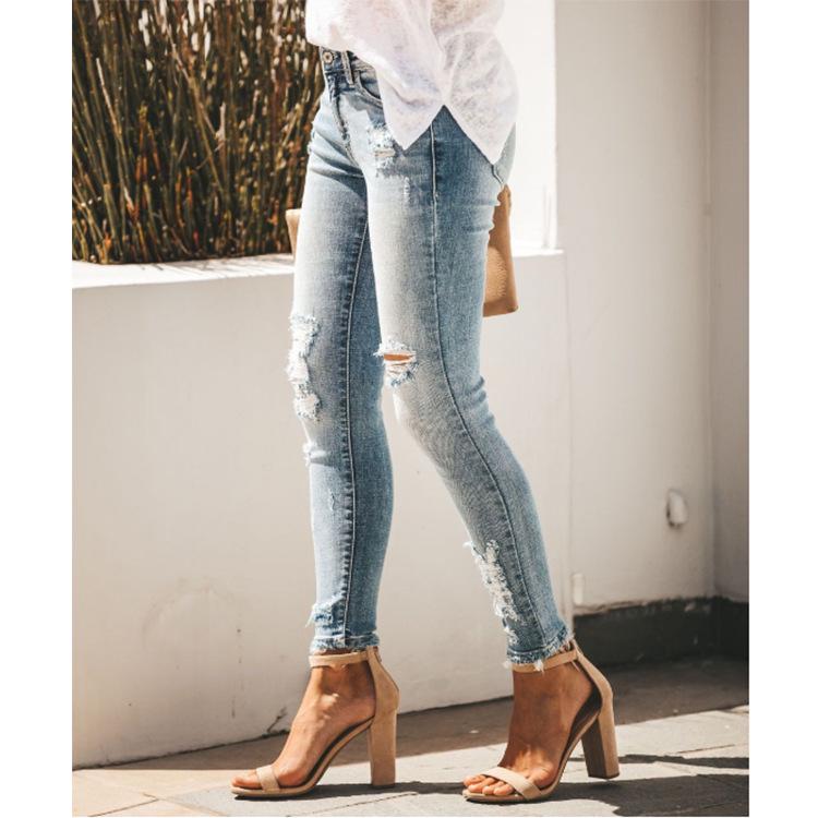 European And American Women'S Jeans Slim Fit, Revealing A Sexy Ripped Hole, Mid Rise Denim Pants