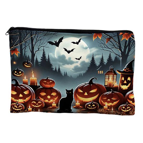Reusable Storage Bag Bag,with Smooth Zipper, Thickened Polyester Large Capacity Cosmetic Halloween Witch Pumpkin Pattern Printed Pouch High-definition