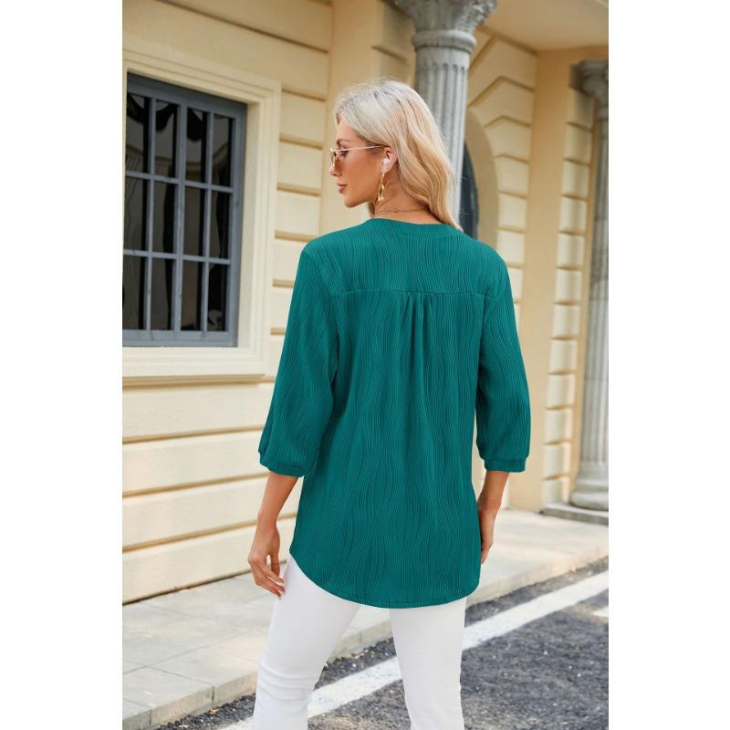 Spring and Summer Women's T-shirt Solid Color V-neck Loose Button Mid-sleeve T-shirt Top