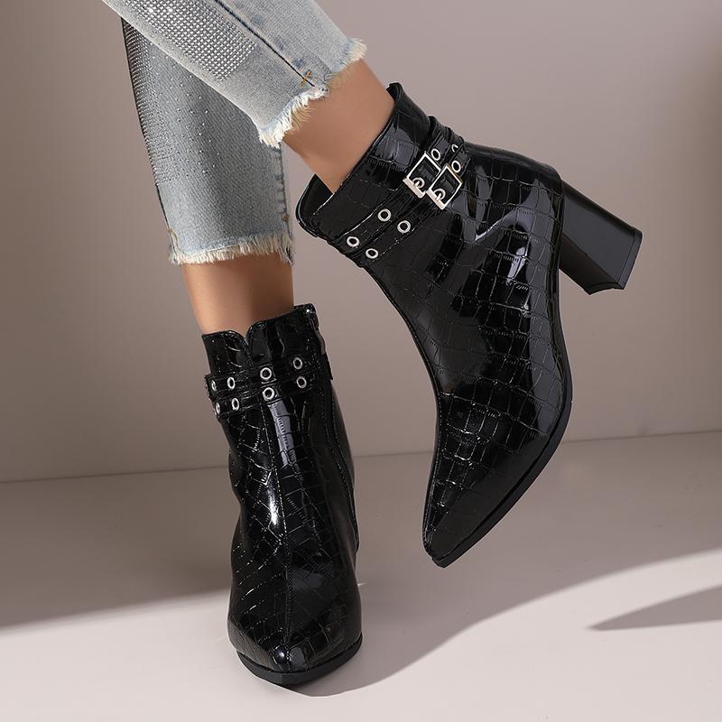 New Women'S Shoes-Pointed-Toe Short Boots With Side Zipper, Belt Buckle Detail, Chunky Heel, Warm-Perfect For Winter Jeans