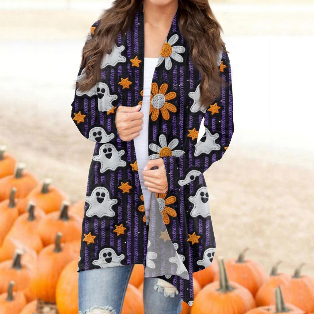 Женская мода повседневная Хэллоуин принтованный длинный рукав кардиган средней длины топы
